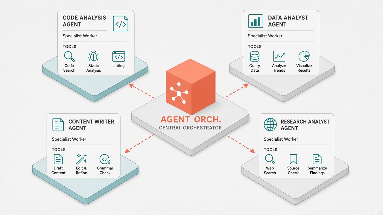 Mixture of agents AI orchestration: router dispatching tasks to specialist research coding and support agents