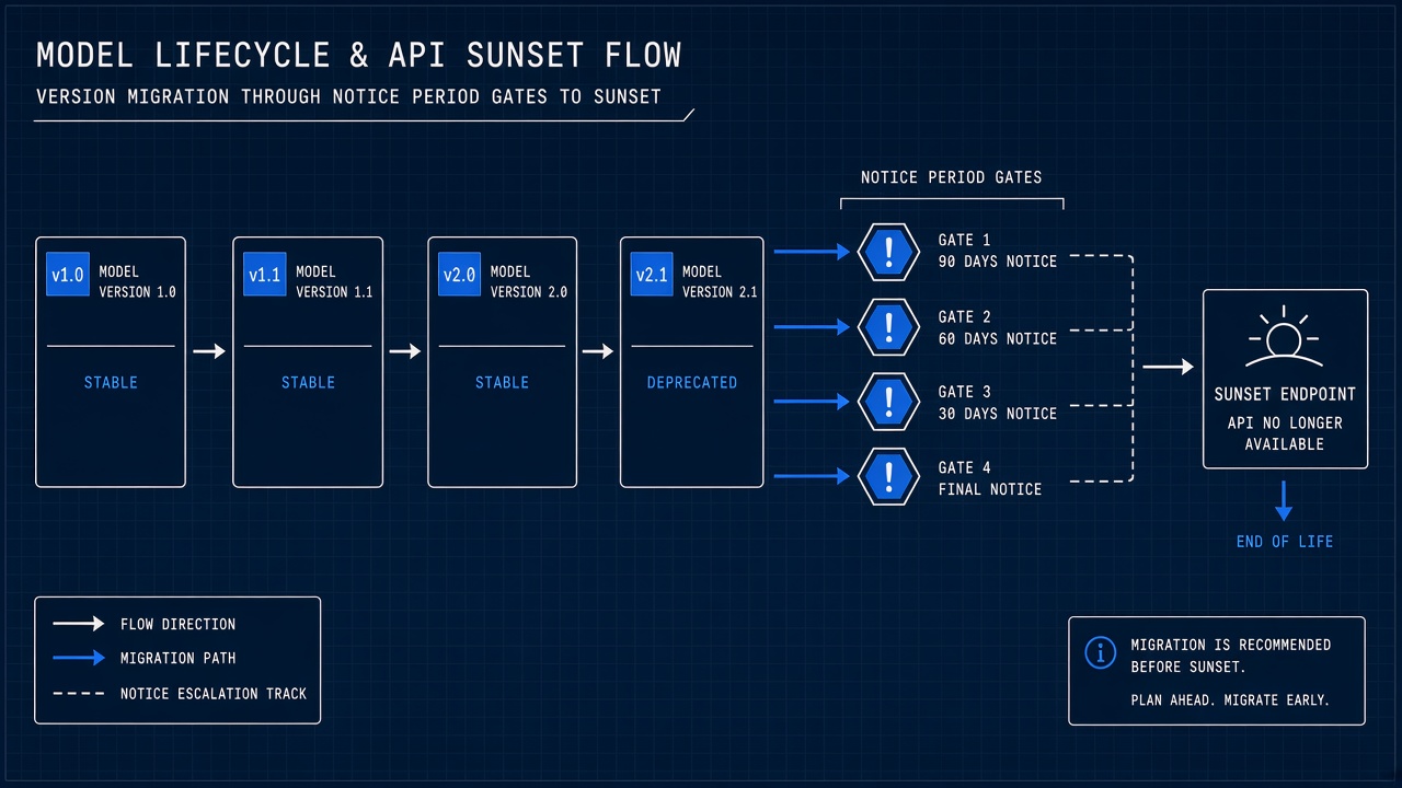 AI model deprecation 2026 OpenAI API sunset notice periods migration patterns