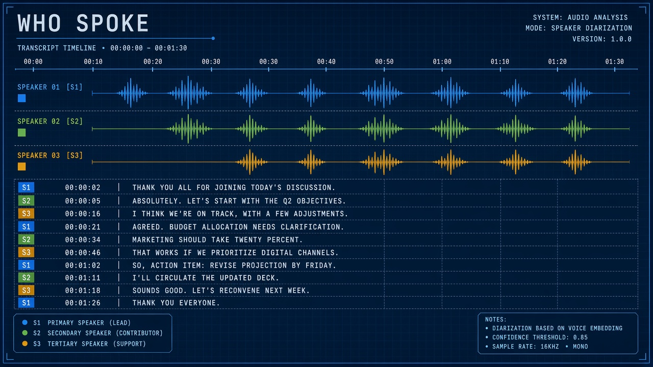 Speaker diarization explained: timeline showing Speaker 1 and Speaker 2 segments across meeting audio