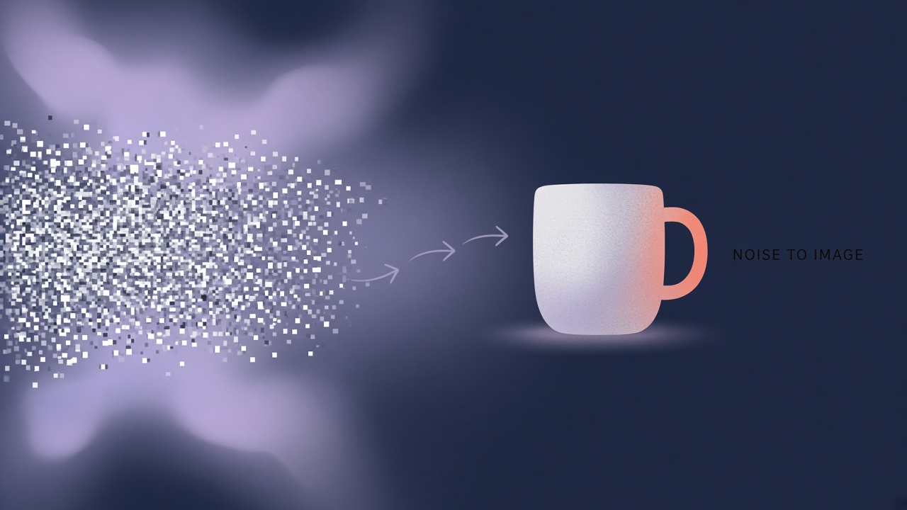 Diffusion models explained: noisy pixels gradually denoised into a clear AI generated image through sampling steps