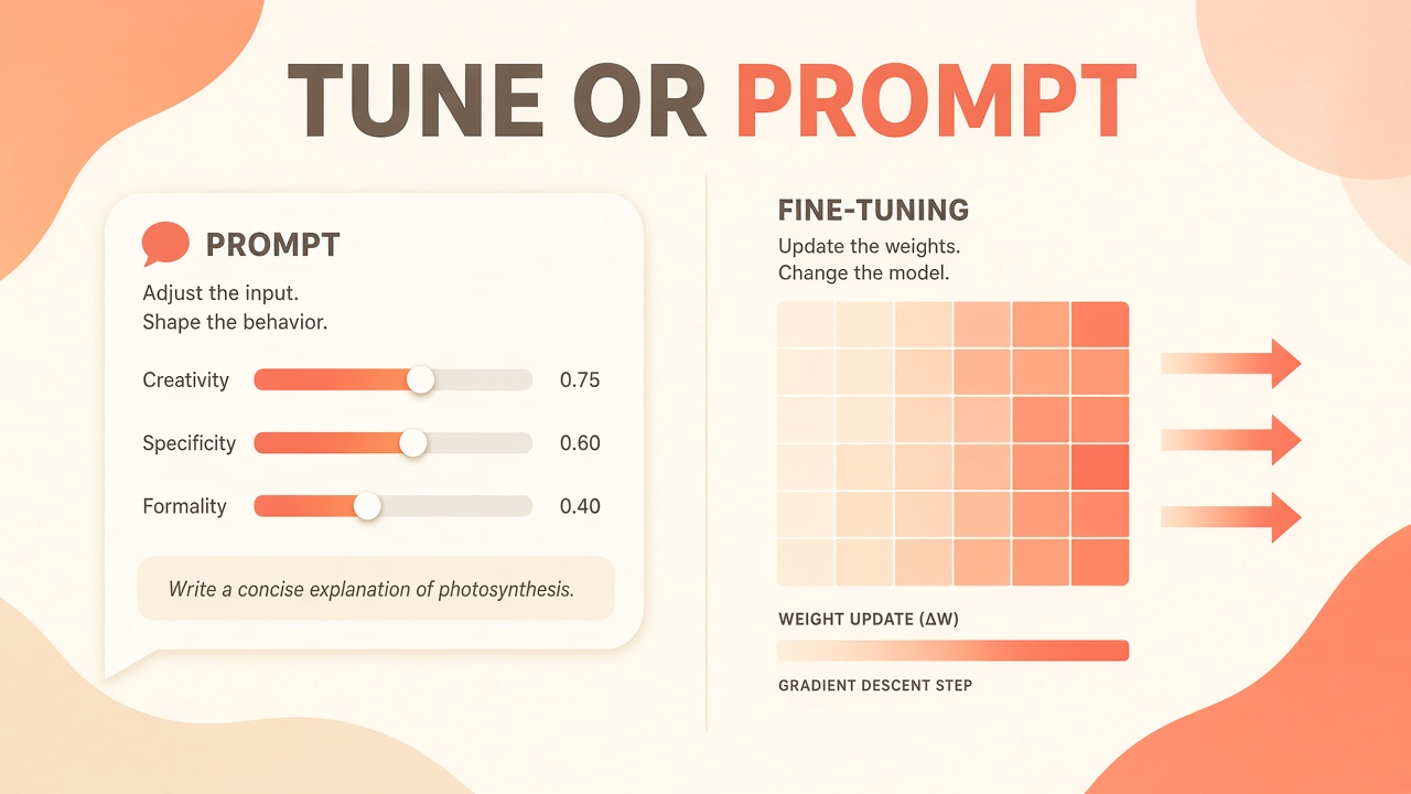 Fine-tuning vs prompt engineering: prompt changes at inference versus weight updates during training