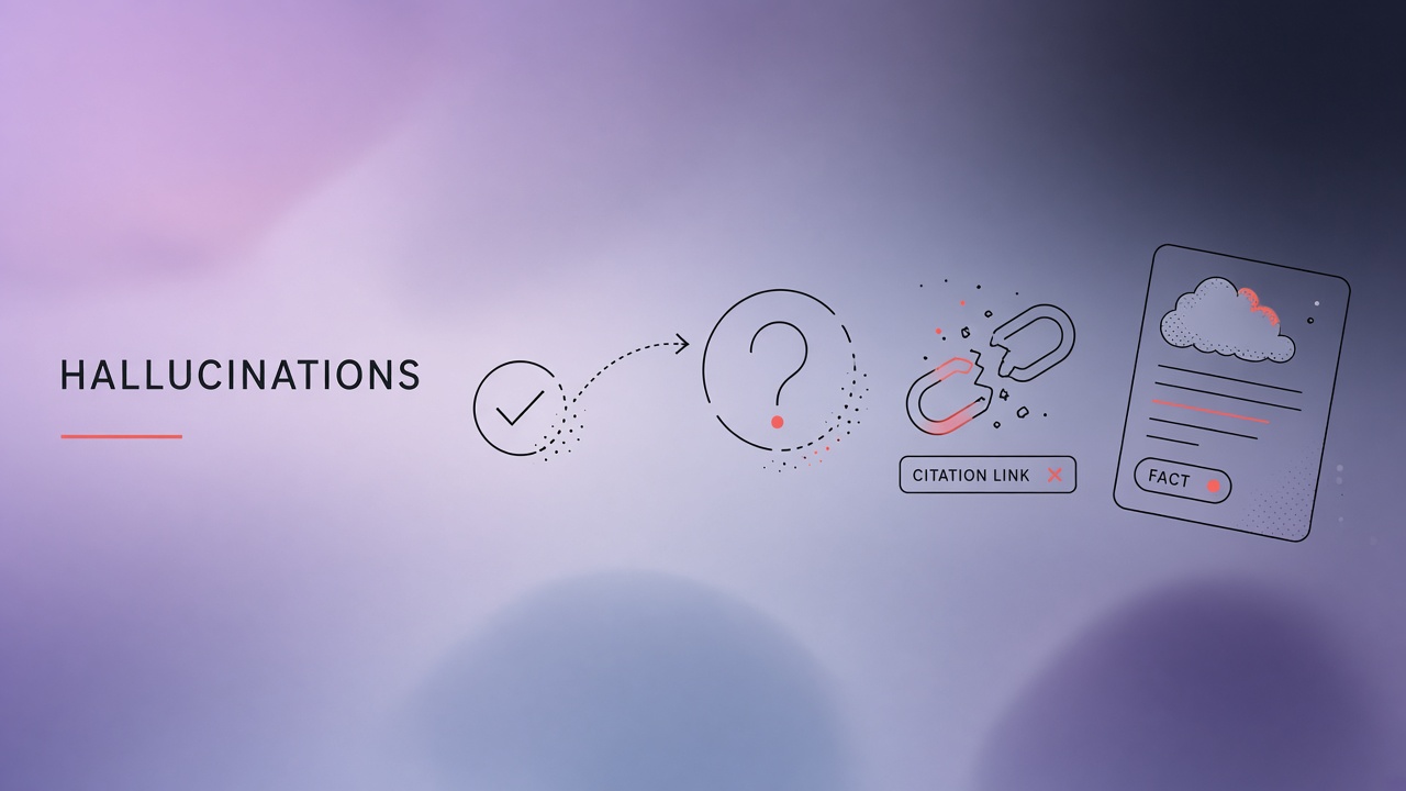 AI hallucination explained: confident model output diverging from factual ground truth with citation gaps