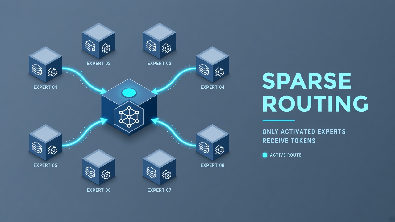 Mixture of Experts AI architecture: sparse routing network activating subset of expert neural pathways per token