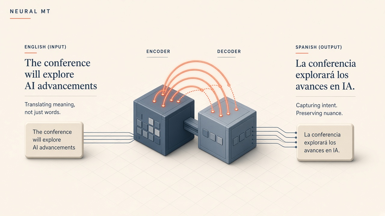 Neural machine translation explained: encoder-decoder diagram with attention arrows between English and Spanish text blocks