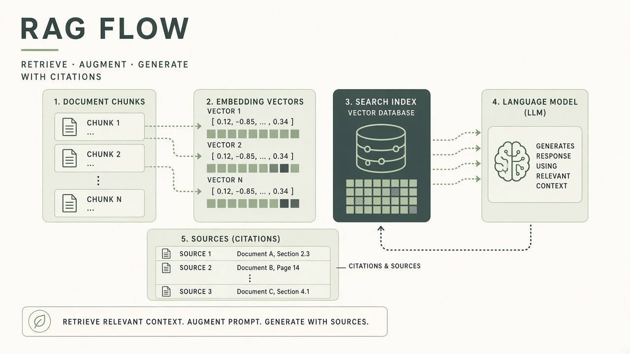 Retrieval augmented generation explained: document index retrieval arrow into LLM synthesis with citations