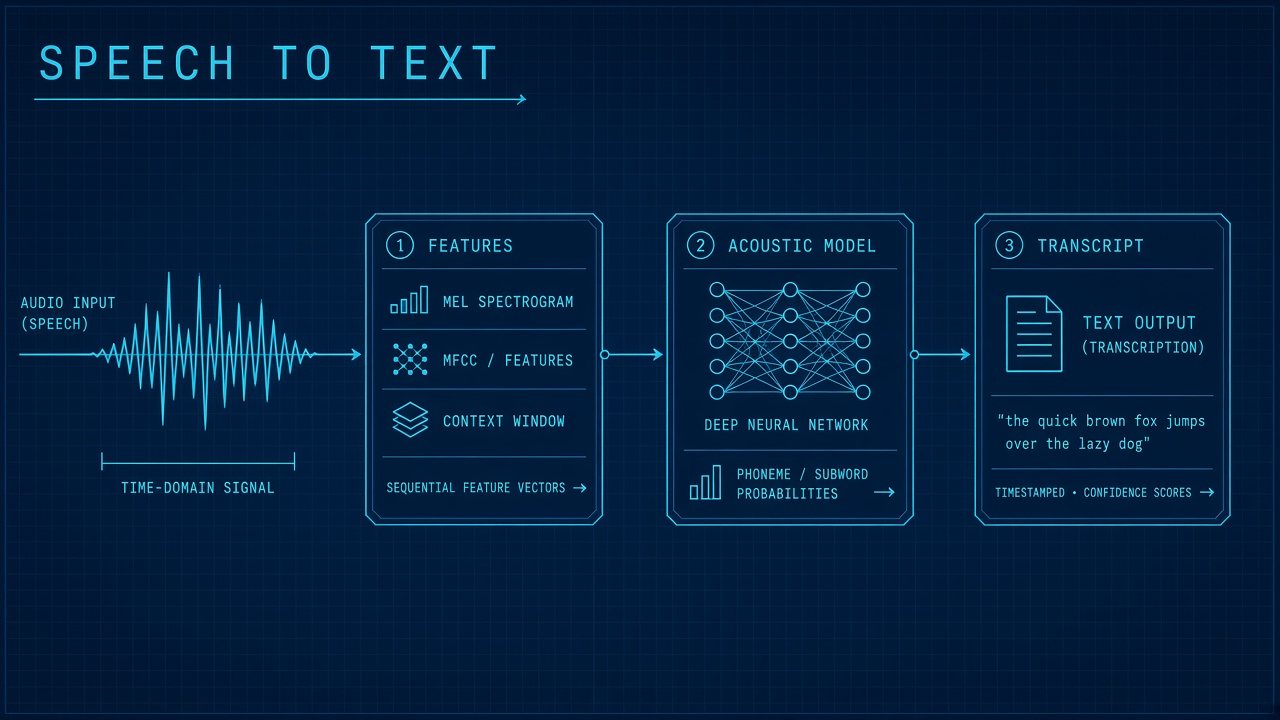 Speech to text AI explained: audio waveform flowing through neural ASR pipeline to formatted transcript