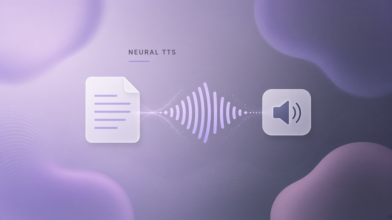 Text to speech AI explained: text input flowing through neural TTS pipeline to audio waveform output with voice style controls