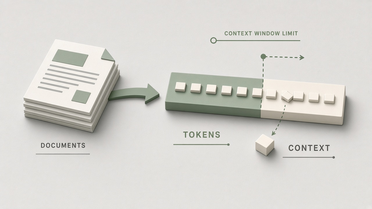 AI context window explained: token meter filling with system prompt user message and document chunks