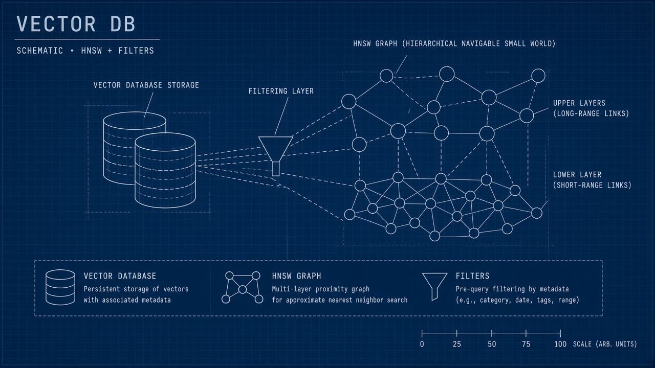 Vector database explained: embedding vectors stored in an approximate nearest neighbor index with metadata filters