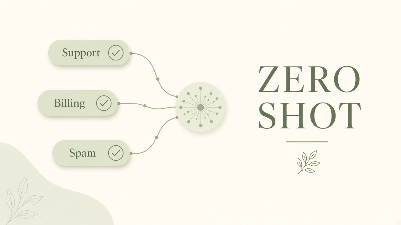 Zero-shot classification explained: text input scored against natural language label candidates without training examples