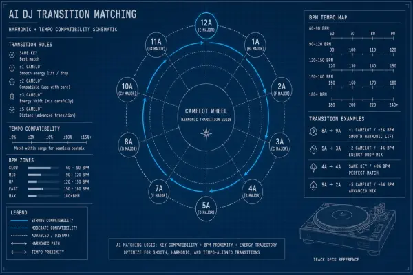 AI DJ Transition Matching: Beatgrid Analysis and Harmonic Mixing Assistants