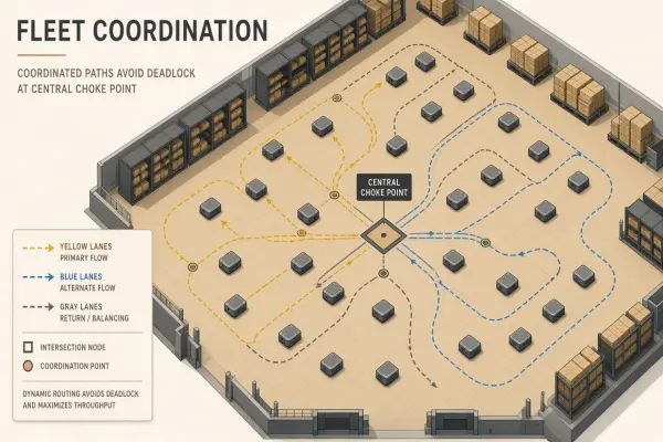 AI Warehouse AMR Fleet Coordination: Traffic Rules for Hundreds of Robots