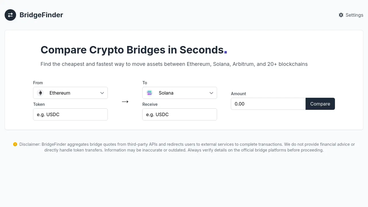 BridgeFinder - Compare Crypto Bridges in Seconds
