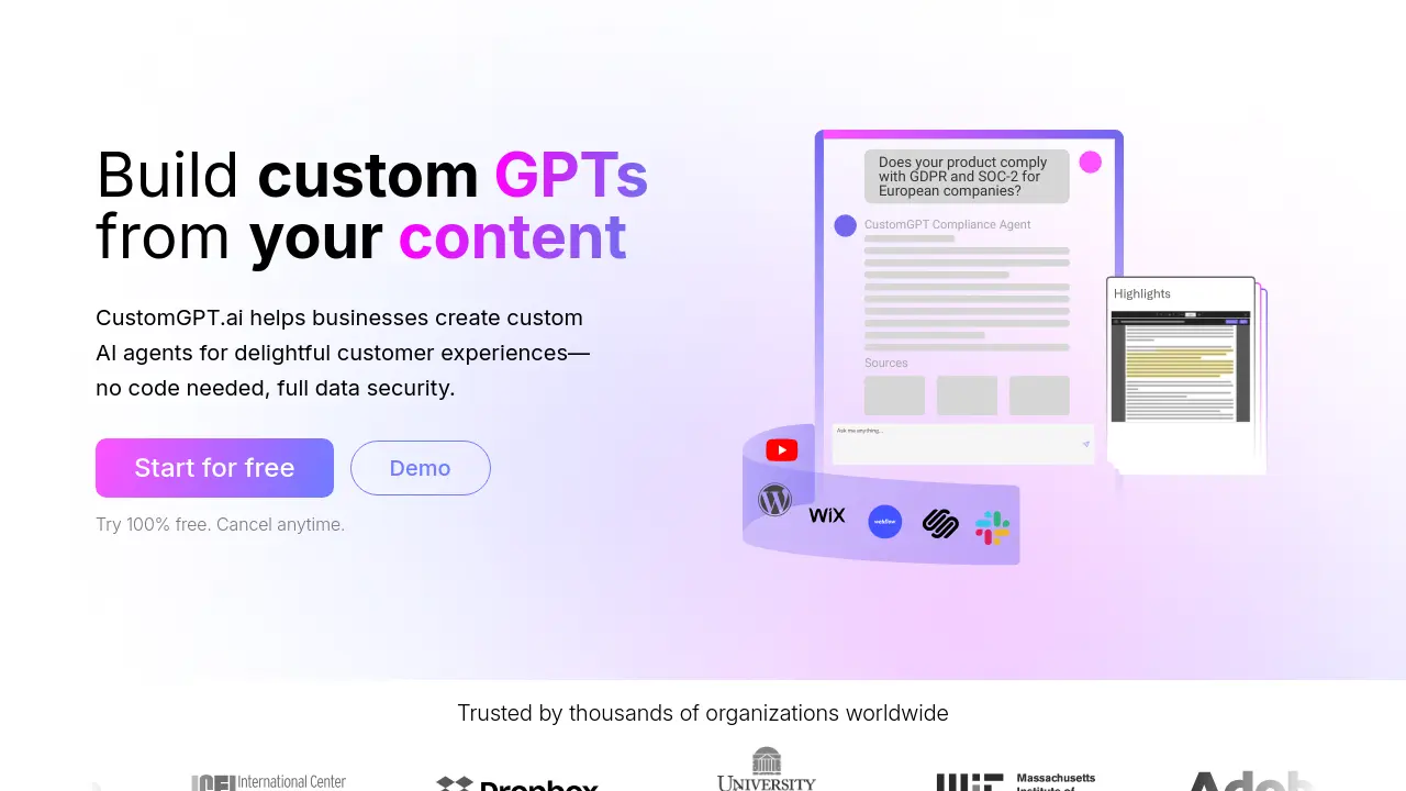 Custom Ai CustomGPT.ai - Build custom AI agents from your content