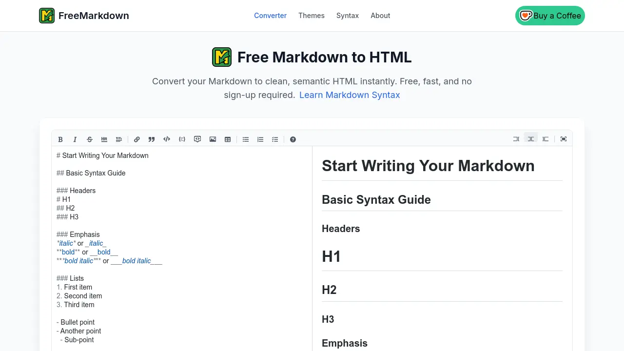 Free Markdown - Convert your Markdown to clean, semantic HTML instantly.