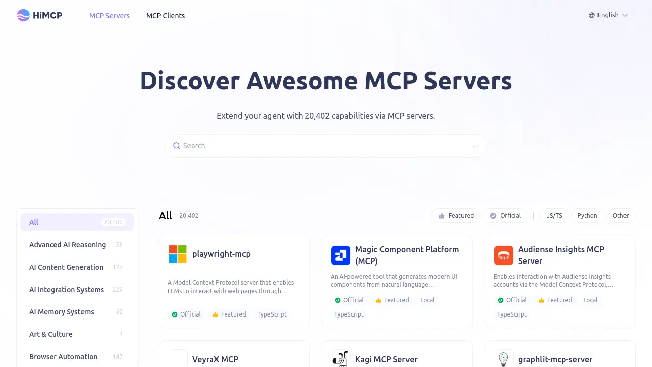 Himcp.ai - Extend your AI agent with 20,402 capabilities via MCP servers