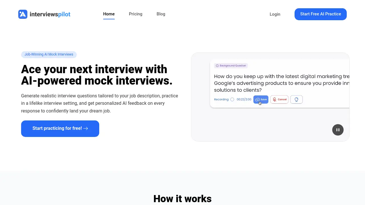 Interviews Pilot - Ace your next interview with AI-powered mock interviews.