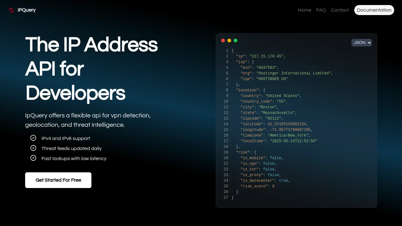 IpQuery - Flexible IP Geolocation, VPN & Threat Detection API
