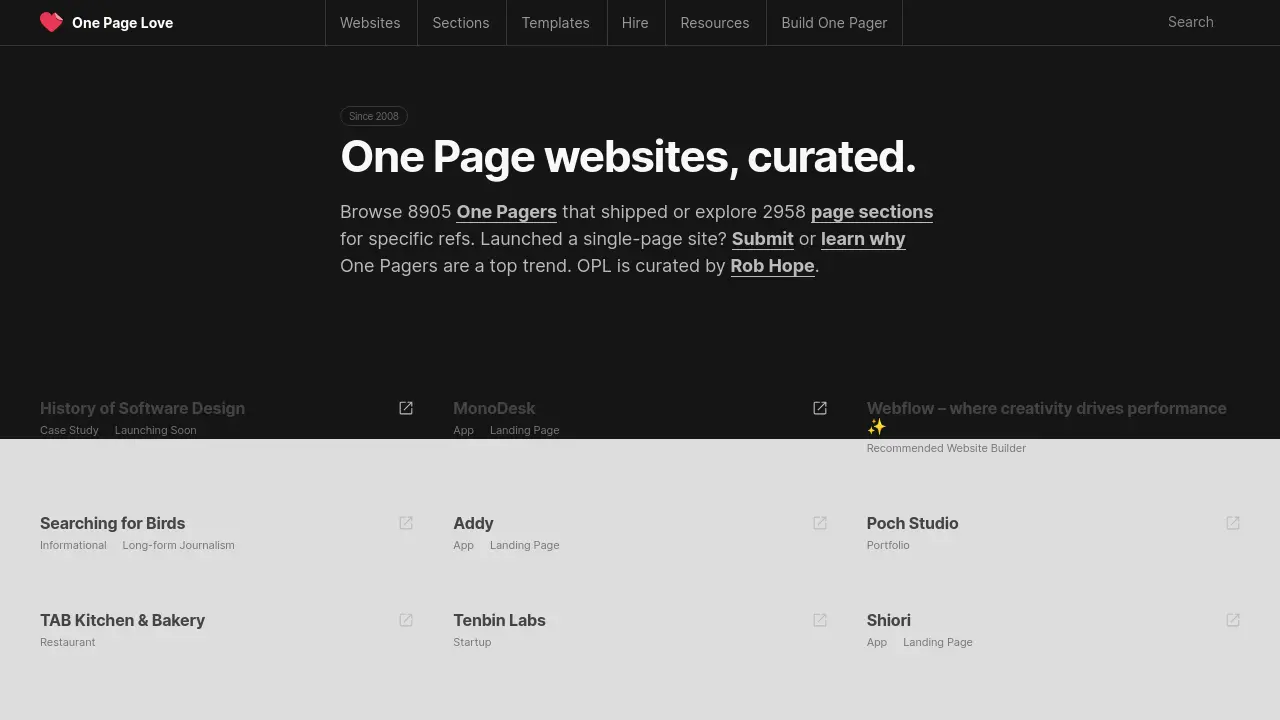 One Page Love - One Page websites, curated.