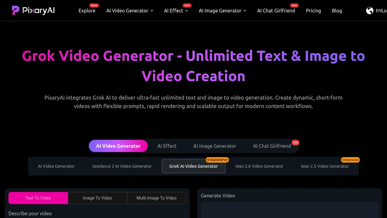 PixaryAI Grok Video Generator screenshot