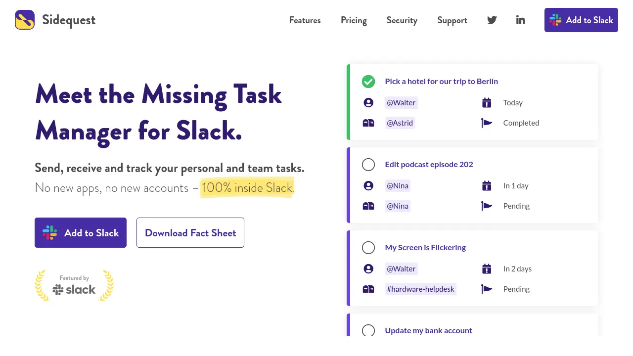 Task Slash Time Sidequest - The Missing Task Manager for Slack