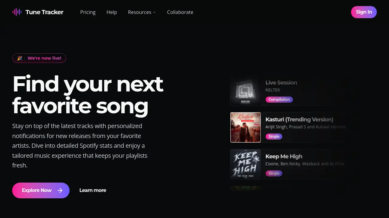 Tune Tracker - Personalized Spotify notifications and music discovery.