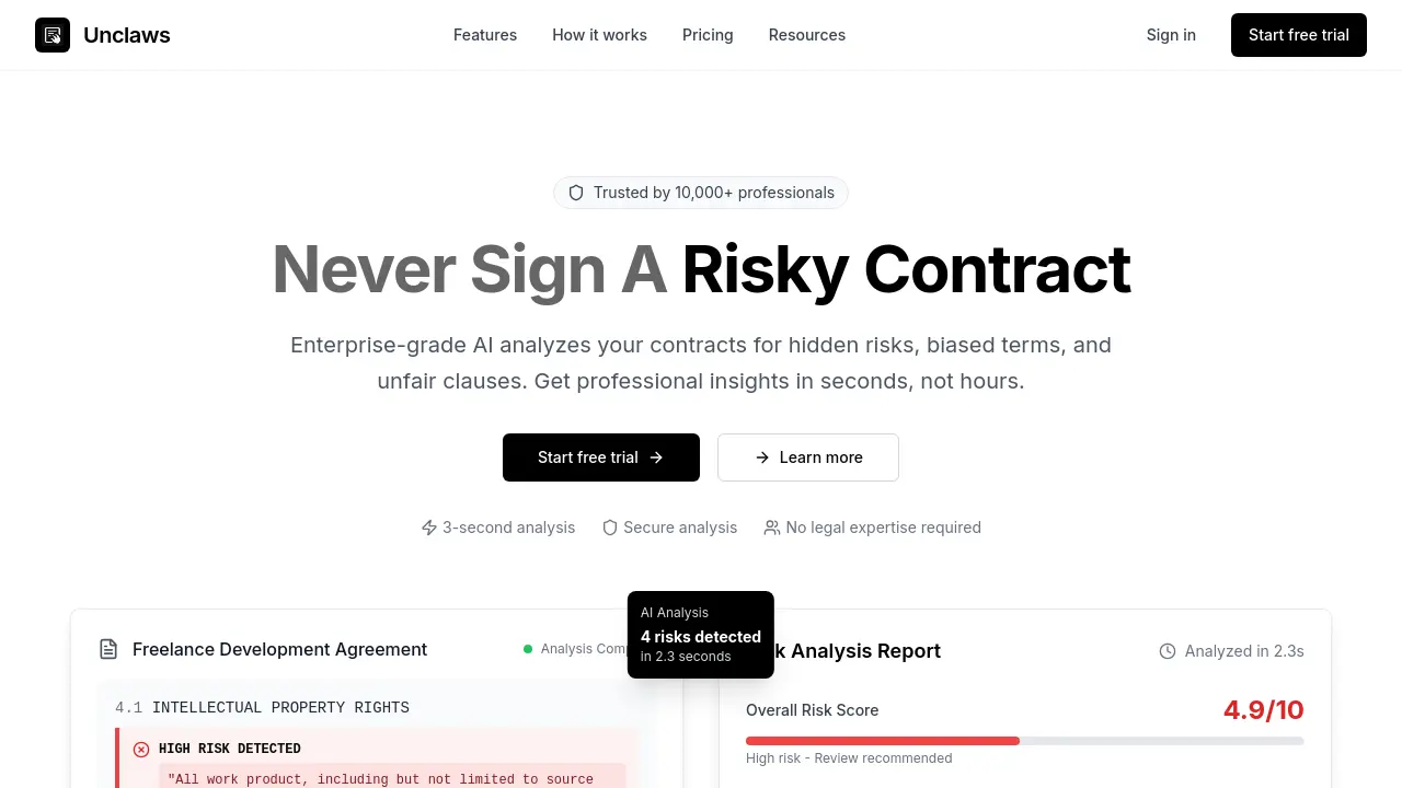 Unclaws - Enterprise-grade AI analyzes your contracts for hidden risks ...