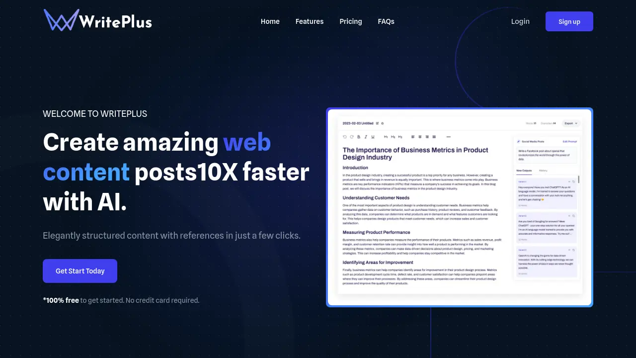 WritePlus - Create amazing web content posts 10X faster with AI.